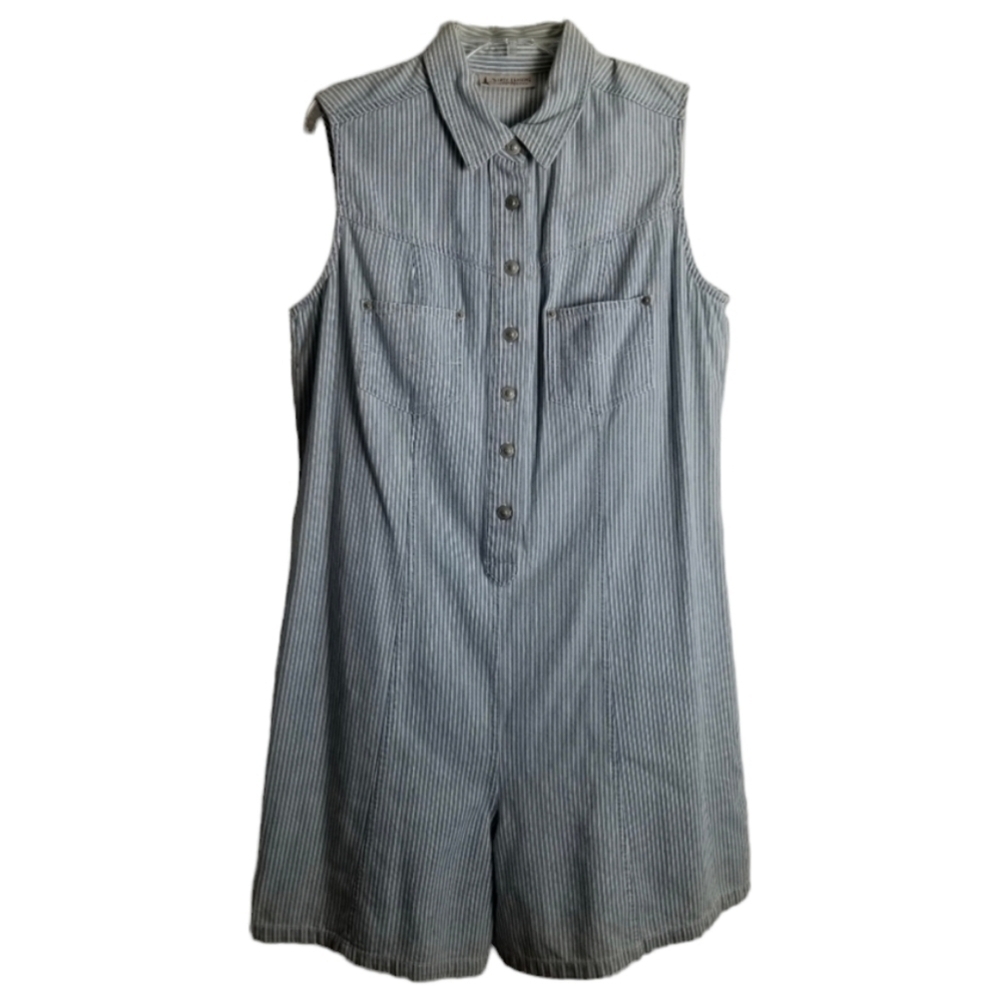 Denim Romper One Piece Shorts Pin Stripes Button Front Cotton Pocket Vintage